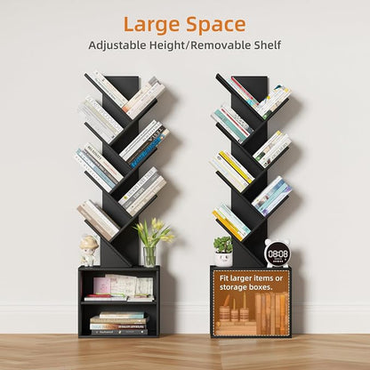 SHEEPAM 10 Tier Tree Bookshelf,Floor Standing Wood Tall Bookcase for Narrow Space, Storage Organizer Bookshelves for Books, Book Case for CDs/Movies/Books,Home Office,Living Room, Bedroom