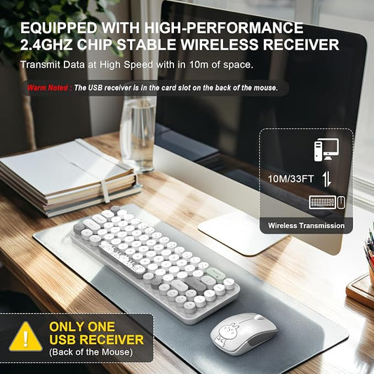 FOPETT Wireless Keyboard and Mouse Cute Mouse and Keyboard 2.4G Wireless Keyboards with Colorful 68 Keys Typewriter Retro Round Keycap for PC, Laptop,Tablet,Computer Windows - Grey Colorful