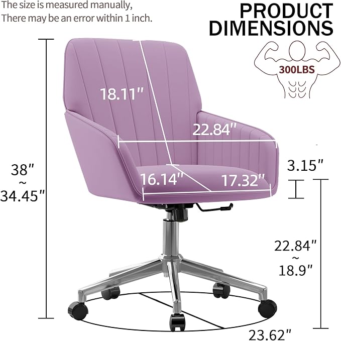 YISHENG Velvet Office Desk Chair with Silver Base, with Wheels,Modern Height Adjustable 360 Degree Swivel Upholstered Vanity Chairs with Arms for Living Room Bedroom,Light Purple