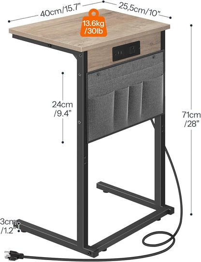 HOOBRO C Shaped End Table with Charging Station, 28" H Couch Side Table Slide Under, Sofa Arm Tray Table with Storage Bag for Living Room, Recliner, Greige BG70USF01