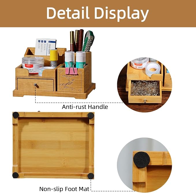 Bamboo Desk Organizer with Drawer, Pen Holder & Business Card Slot, Multi-Compartment Storage Caddy for Office & Home Office, Ideal for Pens, Sticky Notes, Clips, (Bamboo natural)