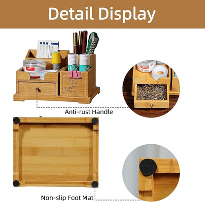 Bamboo Desk Organizer with Drawer, Pen Holder & Business Card Slot, Multi-Compartment Storage Caddy for Office & Home Office, Ideal for Pens, Sticky Notes, Clips, (Bamboo natural)