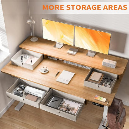 63 * 30 Inches Electric Standing Desk Adjustable Height with 4 Drawers, Double Storage Shelves Stand Up Desk, Home Office Workstation Sit Stand Desk (Nature)