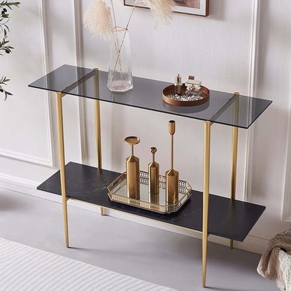 LumFurn Glass Console Table for Living Room, Foyer & Entrance, 2-Tiers Mid-Century Modern Sofa Table with Grey Glass Top, Black Marble Finish Wood Shelf and Gold Finish Frame