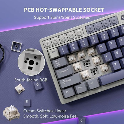RK ROYAL KLUDGE M65 Wireless Mechanical Keyboard with Volume Knob, 60% Tri-Mode Gaming Keyboard 2.4G/BT/USB-C, Gasket Mount, Battery Display, PBT Keycaps, Hot-Swappable Beige Switch, Blue