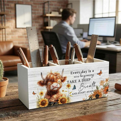 Motivational Highland Cow Pencil Pen Holder for Desk Organizer, Motivational Gifts, Farmhouse Highland Cow Nursery Wooden Box Decorations for Home Office Kids Room Desk Tabletop Decor