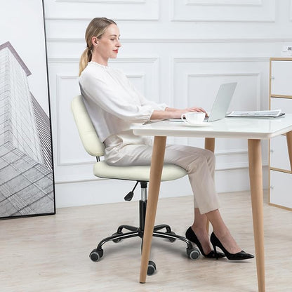 ERGOSEAT Armless Office Chair with Wheels, Small Desk Drafting Chair for Small Space, PU Leather Computer Task Chair, Height Adjustable Rolling Chair, Compact Chair for Home Office, Dorm, Vanity,White