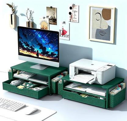 Spacrea Desk Organizer and Accessories, Computer Monitor Stand Riser with Drawer and 2 Pen Holders, Office Desk Accessories & Workspace Organizers for Office Supplies (Dark Green)