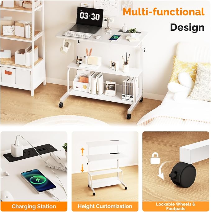VINGLI 31.5" Mobile Small Standing Desk, Adjustable Height Mobile Computer Desk, w/2 AC Outlets + 3 USB Ports & Hooks, Storage Shelves, Suitable for Gaming, Studying, Home Office, White