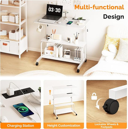 VINGLI 31.5" Mobile Small Standing Desk, Adjustable Height Mobile Computer Desk, w/2 AC Outlets + 3 USB Ports & Hooks, Storage Shelves, Suitable for Gaming, Studying, Home Office, White