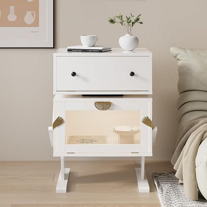 RoyalCraft Large Nightstand with LED Lights, White End Table with 360°Rotating Drawer, Modern Bedside Table with Storage, Wood Night Stand for Bedroom, Home Office, White