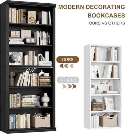 Rresyet Bookcase and Bookshelves, 28" W Tall Bookshelf with Elegant Design, 6 Tiers Spacious Book Storage, Freestanding Book Organizer, Display Library Shelf for Home Office, Living Room & Study Room