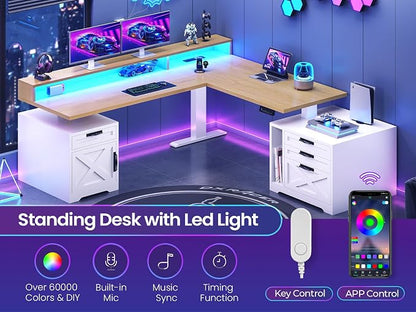 SEDETA Farmhouse L Shaped Standing Desk, 70.1" x 73.2" Height Adjustable Home Office Executive Desk with Drawers, Power Outlet, Monitor Stand, Sit Stand Table with Led Lights for Home Office, Oak