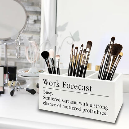 Funny Pen Pencil Holder Organizer for Desk, Funny Coworkers Gifts for Women, Office Humor Gifts, Work Forecast Wooden Box Sign for Home Office Desk Tabletop Decorations