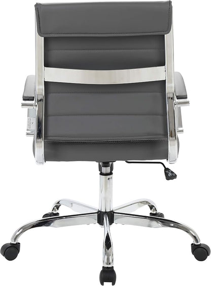 LeisureMod Benmar Leather Office Desk Chair, Mid-Back Ergonomic Swivel Chair with Lumbar Support, Adjustable Height, Tilt Lock, Cushioned Seat & Back, Home Office Task Chair (Grey, Single)