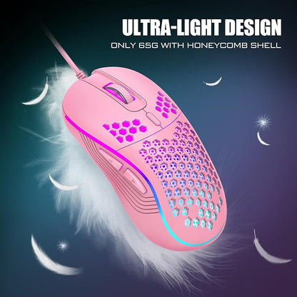RedThunder 60% Gaming Keyboard and Mouse Combo, Ultra-Compact 61 Keys RGB Backlit Mini Keyboard, Lightweight 7200 DPI Honeycomb Optical Mouse, RGB Wired Gaming Set for PC MAC PS5 Xbox Gamer(Pink)