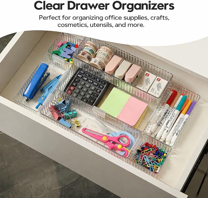 7 Pcs Clear Stackable Drawer Organizer Bins with 7 Connector Clips | 4 Sizes Interlocking Trays for Bathroom, Vanity, Makeup, Office Desk & Kitchen; Clear PET, Non-Slip, Stackable