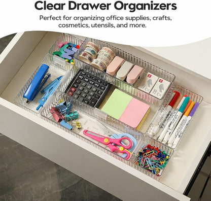 7 Pcs Clear Stackable Drawer Organizer Bins with 7 Connector Clips | 4 Sizes Interlocking Trays for Bathroom, Vanity, Makeup, Office Desk & Kitchen; Clear PET, Non-Slip, Stackable