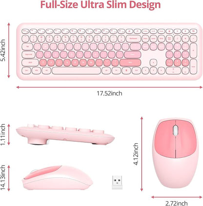 Surmen Cute Pink Keyboard and Mouse Wireless Silent, Full-Size Retro Typewriter Wireless Quiet Slim Keyboard Low-Noise 2.4GHz for Computer, Desktop, Laptop(6-Diary Pink)