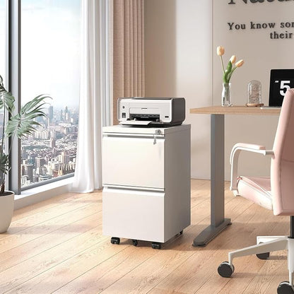 Guizeeopo 2 Drawer Locking File Cabinet, Fully Assembled Heavy-Duty Metal Filing Cabinets for Home Office, Quiet Slides, Anti-Tipping Wheels, Fits A4/Letter/Legal, Matte White
