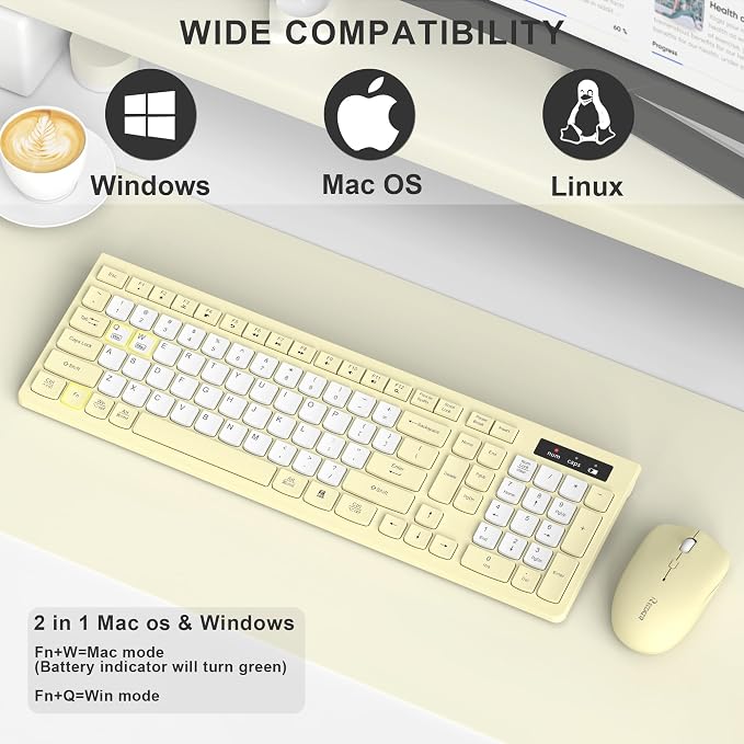 Wireless Keyboard and Mouse Combo, Full-Sized Wireless Keyboard and Adjustable DPI Mouse, 2.4GHz USB Receiver, Silent Keyboard and Mouse for PC, Windows, MAC, Desktop, Laptop (Canary Yellow-B)
