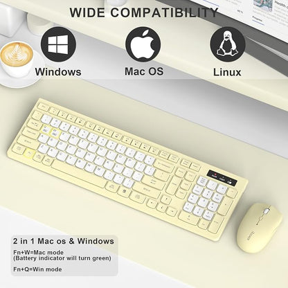 Wireless Keyboard and Mouse Combo, Full-Sized Wireless Keyboard and Adjustable DPI Mouse, 2.4GHz USB Receiver, Silent Keyboard and Mouse for PC, Windows, MAC, Desktop, Laptop (Canary Yellow-B)