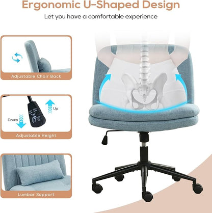 IPKIG Criss Cross Chair, Small Armless Desk Office Computer Chair with Wheels and Lumbar Pillow, Comfy Adjustable Swivel Task Vanity Chair Linen, Light Blue