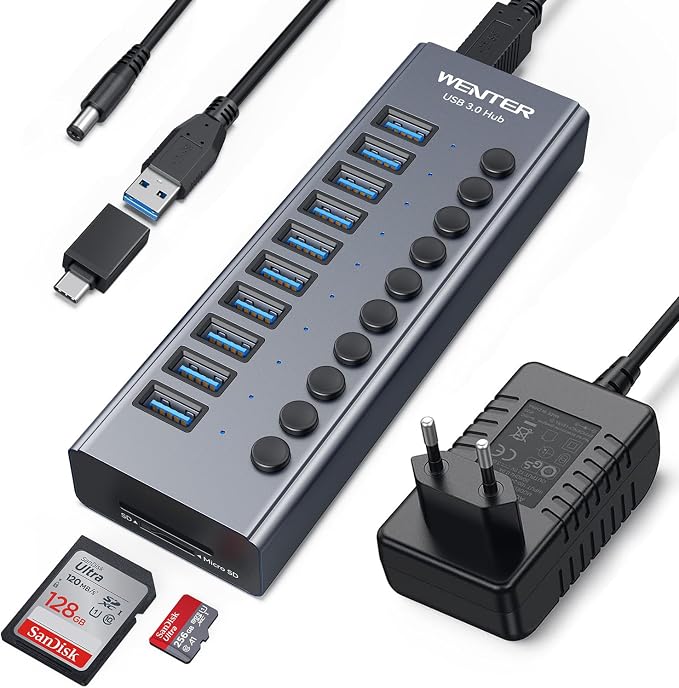 Powered USB 3.0 Hub, Wenter 10 Ports 36W Powered USB Hub, Aluminum USB Splitter with Individual On/Off Switches, SD/TF Card Readers and 12V/3A Power Adapter for PC/Laptops/MacBook Pro/Air/iMac/iPad