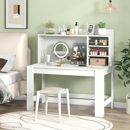 GOFLAME Computer Desk with Hutch, Home Office Desk with 2 Power Outlets, USB & Type-c Charging Ports, 3 Storage Shelves, Cable Hole, Writing Desk, Modern White Laptop PC Desk for Study, Office