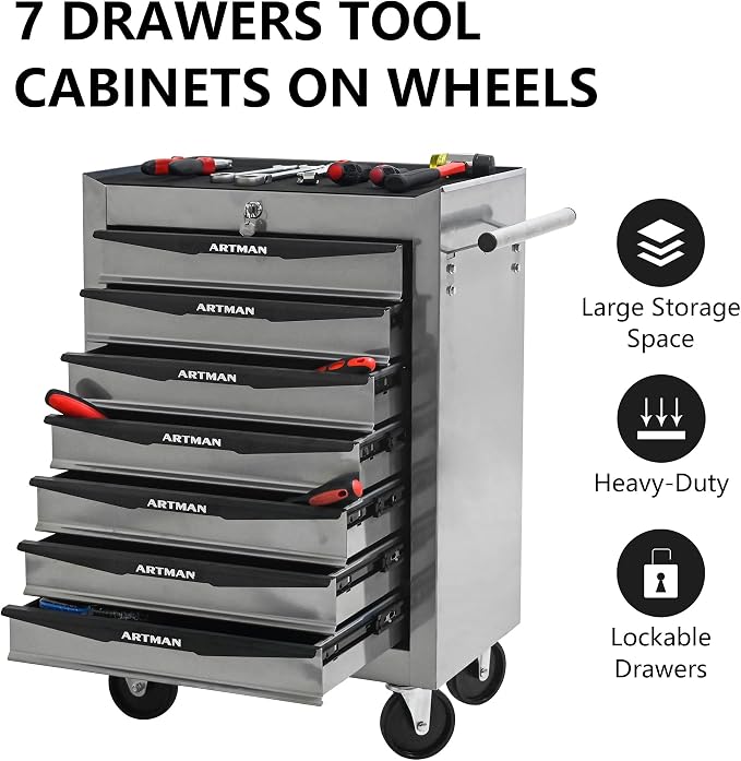 RYH 7 Drawers Rolling Tool Chest & Tool Box on Wheels | Heavy Duty Metal Cart with Ball Bearing Drawers | Fits US General Tool Box for Garage Storage (Silver, 7 Drawers（30.5" H × 20.9" W × 13" D)