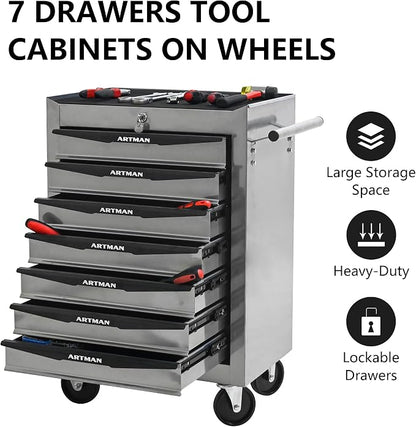 RYH 7 Drawers Rolling Tool Chest & Tool Box on Wheels | Heavy Duty Metal Cart with Ball Bearing Drawers | Fits US General Tool Box for Garage Storage (Silver, 7 Drawers（30.5" H × 20.9" W × 13" D)