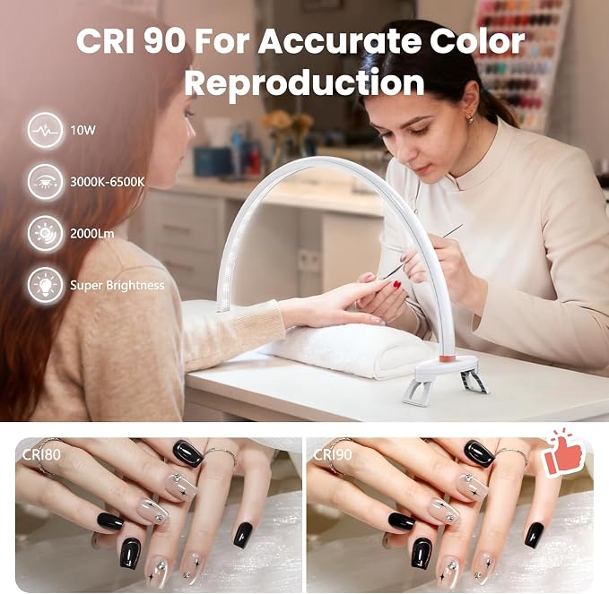 Yokilly Arc Half Moon Light: 20" Half Moon Light with Foldable Bracket for Desk Salon Table Use - No Flicker & Shadow-Free Desk Lamp with Stepless Brightness 3000-6500K for Manicurist Nail Tech