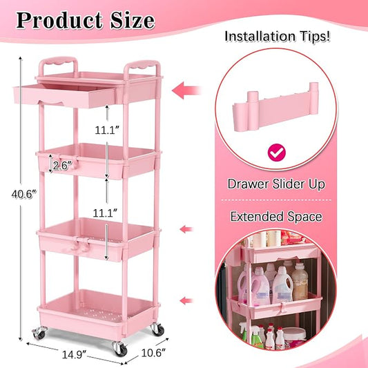 SUNALLY 4 Tier Rolling Utility Cart with Drawer, Storage Organizer Cart with 2 Lockable Wheels, Multifunctional Rolling Storage Cart for Bathroom, Kitchen, Craft, Makeup, Baby Essentials, Pink