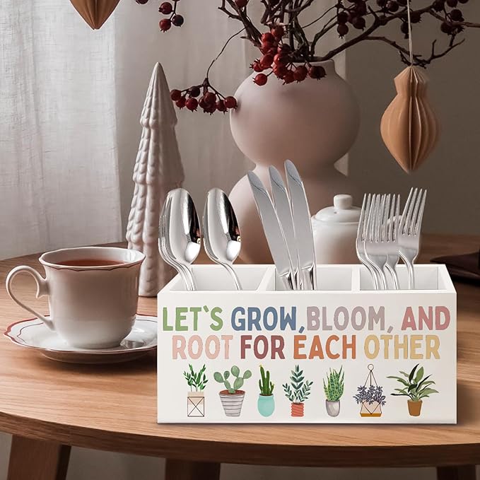 Boho Plant Classroom Wooden Pen Pencil Holder for Office Desk Accessories, Back to School Supplies for Students College Boys Girls Teachers First Day of School, Let's Root for Each Other