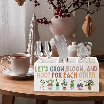 Boho Plant Classroom Wooden Pen Pencil Holder for Office Desk Accessories, Back to School Supplies for Students College Boys Girls Teachers First Day of School, Let's Root for Each Other