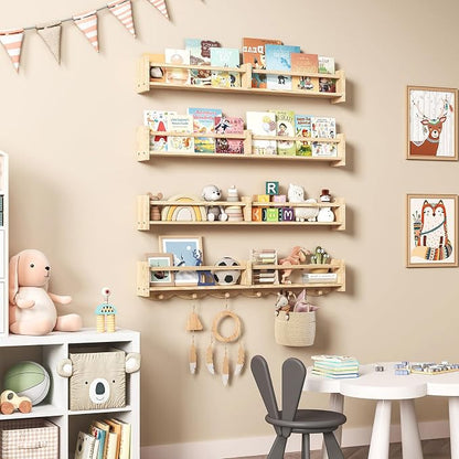 34Inch Nursery Bookshelves,Set of 4,Wall Floating Shelf Kids Coat Rack with 6Hooks,Hanging Book Shelf for Baby Nursery Room Décor， Patent Number: 29958098(Burlywood, 34)