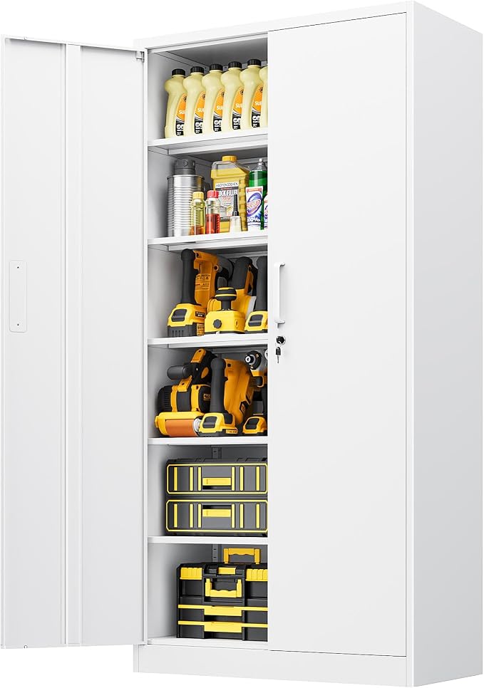 Metal Storage Cabinet with Lock,Tall White File Cabinet with 2 Doors and 5 Adjustable Shelves,Steel Storage Cabinets for Garage,Home Office,Pantry,School,Hospital