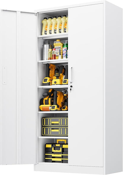 Metal Storage Cabinet with Lock,Tall White File Cabinet with 2 Doors and 5 Adjustable Shelves,Steel Storage Cabinets for Garage,Home Office,Pantry,School,Hospital