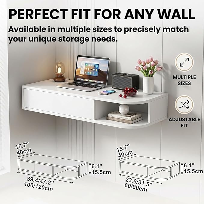 Corner Floating Desk with Drawer, Wall Mounted Desk with Open Shelving, Floating Makeup Vanity with Storage, Scratch-Resistant, Space Saving, for Bedroom Living Room Small Spaces Apartment