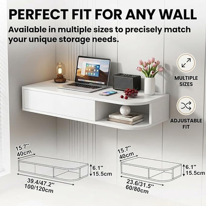 Corner Floating Desk with Drawer, Wall Mounted Desk with Open Shelving, Floating Makeup Vanity with Storage, Scratch-Resistant, Space Saving, for Bedroom Living Room Small Spaces Apartment