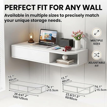 Corner Floating Desk with Drawer, Wall Mounted Desk with Open Shelving, Floating Makeup Vanity with Storage, Scratch-Resistant, Space Saving, for Bedroom Living Room Small Spaces Apartment