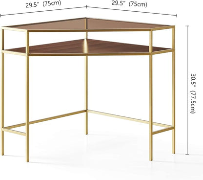 LumFurn Corner Table for Small Space, Triangle Computer Desk for Living Room, Bedroom, Workstation, Office, 2-Tier Structure, Amber Glass Top and Walnut Shelf with Gold Finish Frame