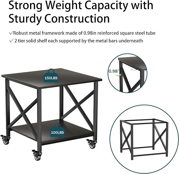 Printer Stand, 23.6 x 23.6 Inches Large Printer Stand with Storage Shelf, 2 Tier Printer Table for Home Office, Rolling Printer Cart with Industrial Wheels, Mini Fridge Stand Table, Black