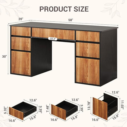 4 EVER WINNER Desk with Drawers, 58" Executive Office Desk with 7 Drawers, Computer Desk with File Drawers for Living Room, Home Office, Study Table for Bedroom, Black