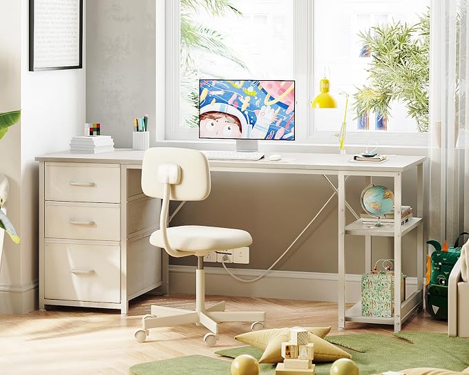 AODK 63 Inch Computer Desk with Drawers & USB Power Outlets, Reversible Home Office Desk with Storage Shelves, Work from Home, Modern Work/Writing/Study Table for Bedroom, White