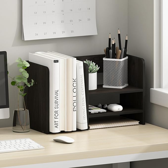 Furinno Hermite Desk Organizers, Office Organization with Accessories and Vertical File Holder, Desktop Book Shelf, for Office Supplies, Desk Accessories, for Study Room, Dorm, Black Espresso