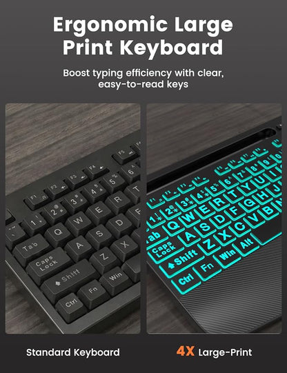 SABLUTE KM21Pro Wired Keyboard and Mouse Combo, 4X Larger Print Backlit Keys, Palm Rest, Ergonomic Design, USB Plug & Play for Windows PC Laptop, Ideal for Seniors, Students, Home & Office