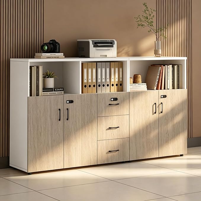 File Cabinet with Password Lock, Wood Lateral Filing Cabinet for Letter/A4 Files, 3 Drawer with Door, Printer Stand with Open Shelves for Home Office