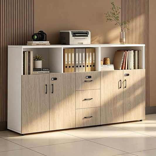 File Cabinet with Password Lock, Wood Lateral Filing Cabinet for Letter/A4 Files, 3 Drawer with Door, Printer Stand with Open Shelves for Home Office