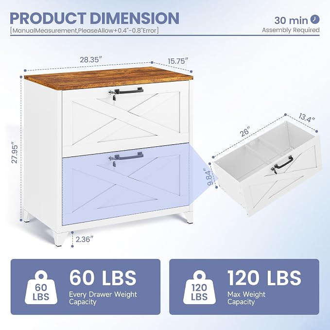 2 Drawer Farmhouse File Cabinet with Lock, Lateral Filing Cabinet for Letter/Legal/A4 Size, Wood File Storage Cabinets Printer Stand with Large Storage for Home Office School, White